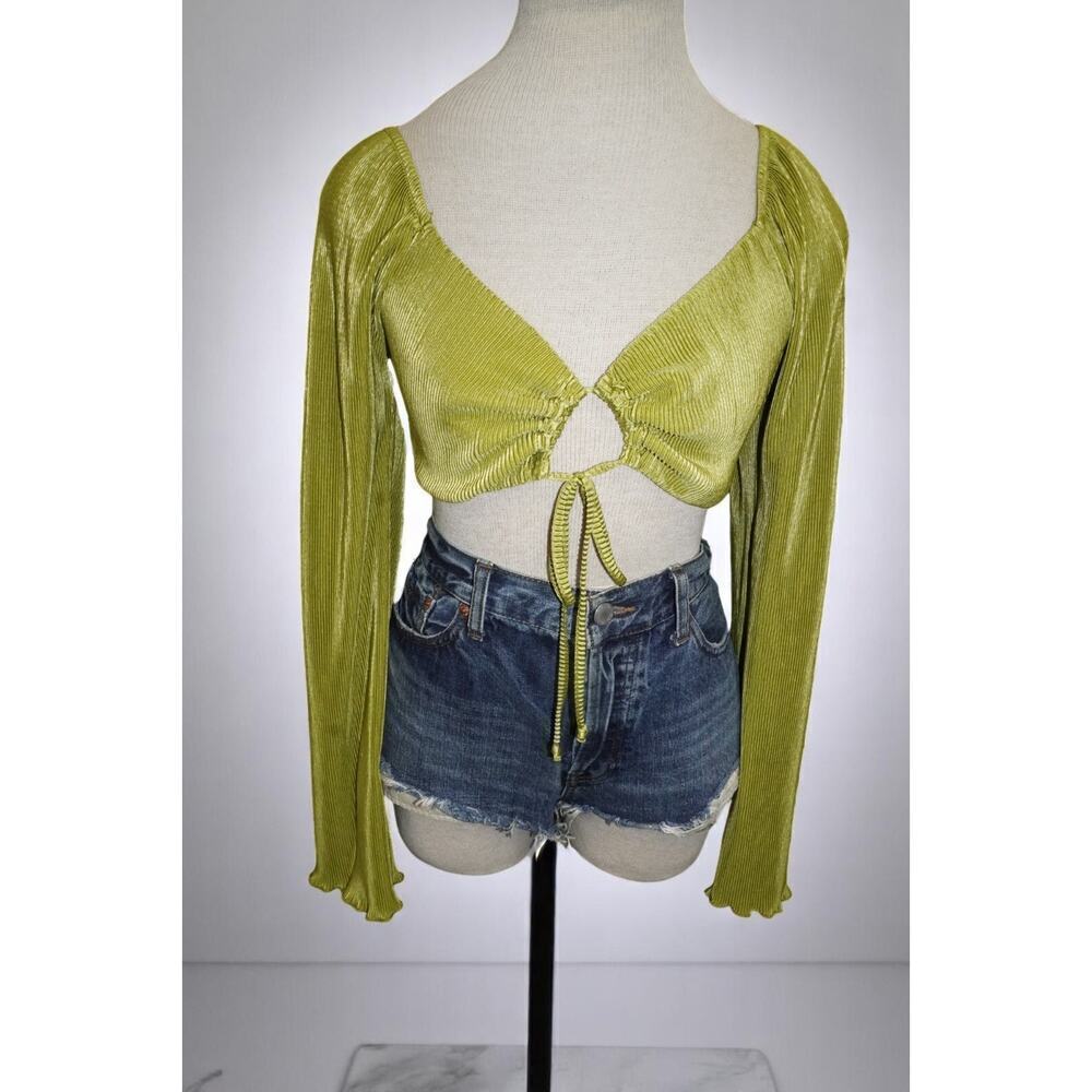 Wild Fable Green Apple Velvet Long Sleeve Tie Front Crop Top XS NWT
